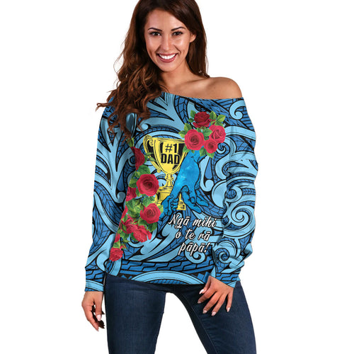 Personalised New Zealand Father's Day Off Shoulder Sweater Best Dad Trophy Red Rose Maori Pattern