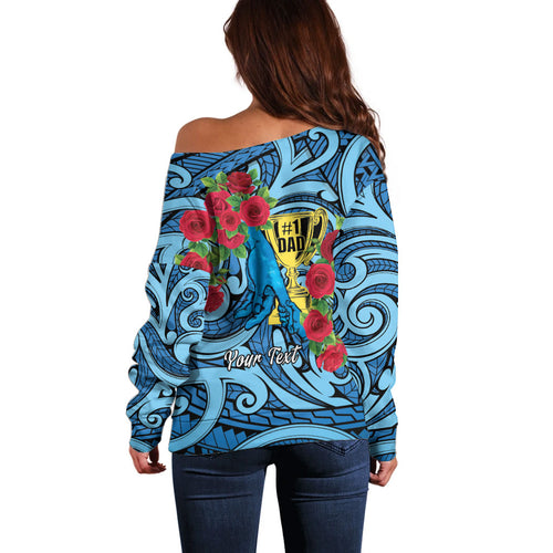 Personalised New Zealand Father's Day Off Shoulder Sweater Best Dad Trophy Red Rose Maori Pattern
