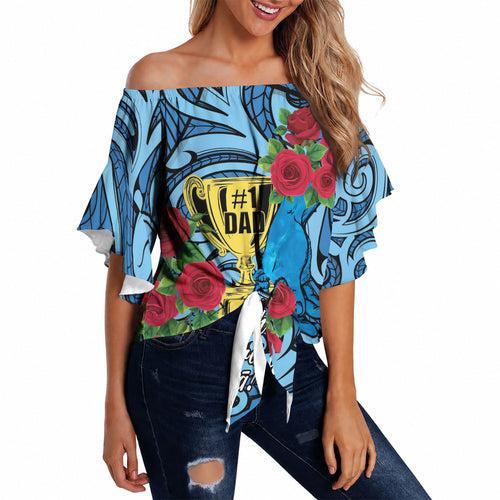 Personalised New Zealand Father's Day Off Shoulder Wrap Waist Top Best Dad Trophy Red Rose Maori Pattern