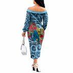 Personalised New Zealand Father's Day Off The Shoulder Long Sleeve Dress Best Dad Trophy Red Rose Maori Pattern