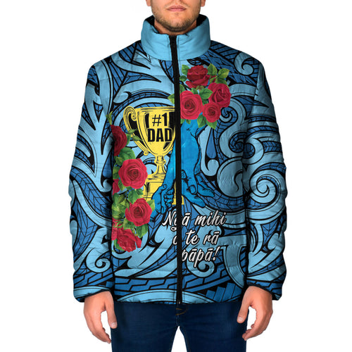 Personalised New Zealand Father's Day Padded Jacket Best Dad Trophy Red Rose Maori Pattern