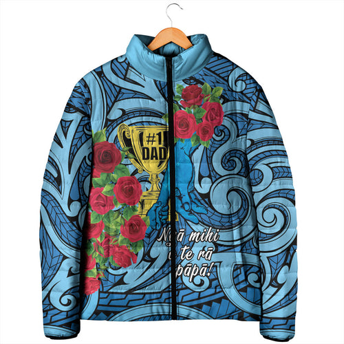 Personalised New Zealand Father's Day Padded Jacket Best Dad Trophy Red Rose Maori Pattern