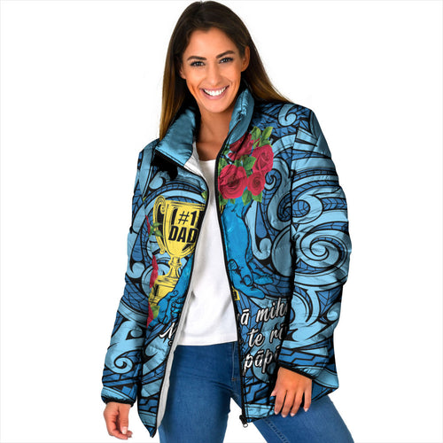 Personalised New Zealand Father's Day Padded Jacket Best Dad Trophy Red Rose Maori Pattern
