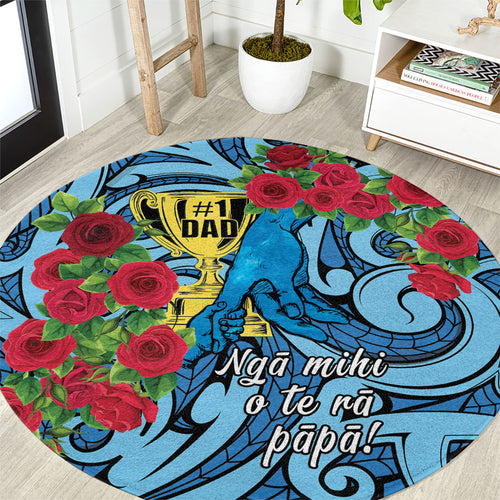 New Zealand Father's Day Round Carpet Best Dad Trophy Red Rose Maori Pattern