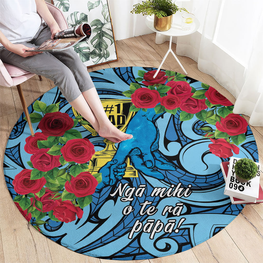 New Zealand Father's Day Round Carpet Best Dad Trophy Red Rose Maori Pattern