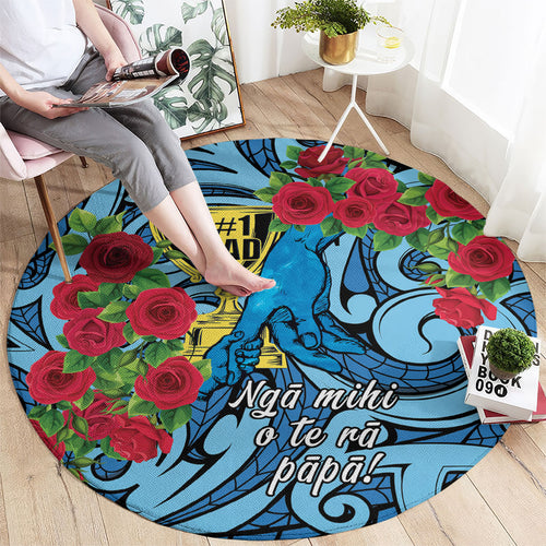 New Zealand Father's Day Round Carpet Best Dad Trophy Red Rose Maori Pattern