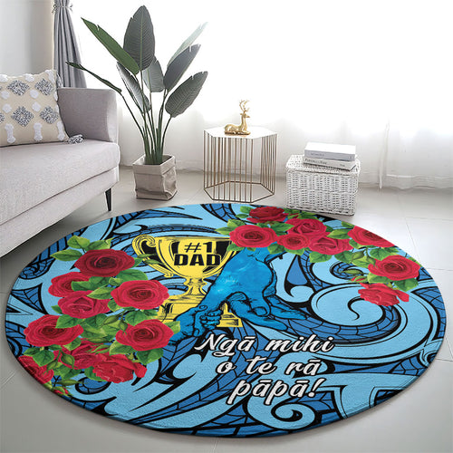 New Zealand Father's Day Round Carpet Best Dad Trophy Red Rose Maori Pattern
