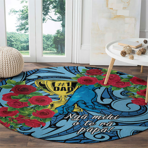 New Zealand Father's Day Round Carpet Best Dad Trophy Red Rose Maori Pattern