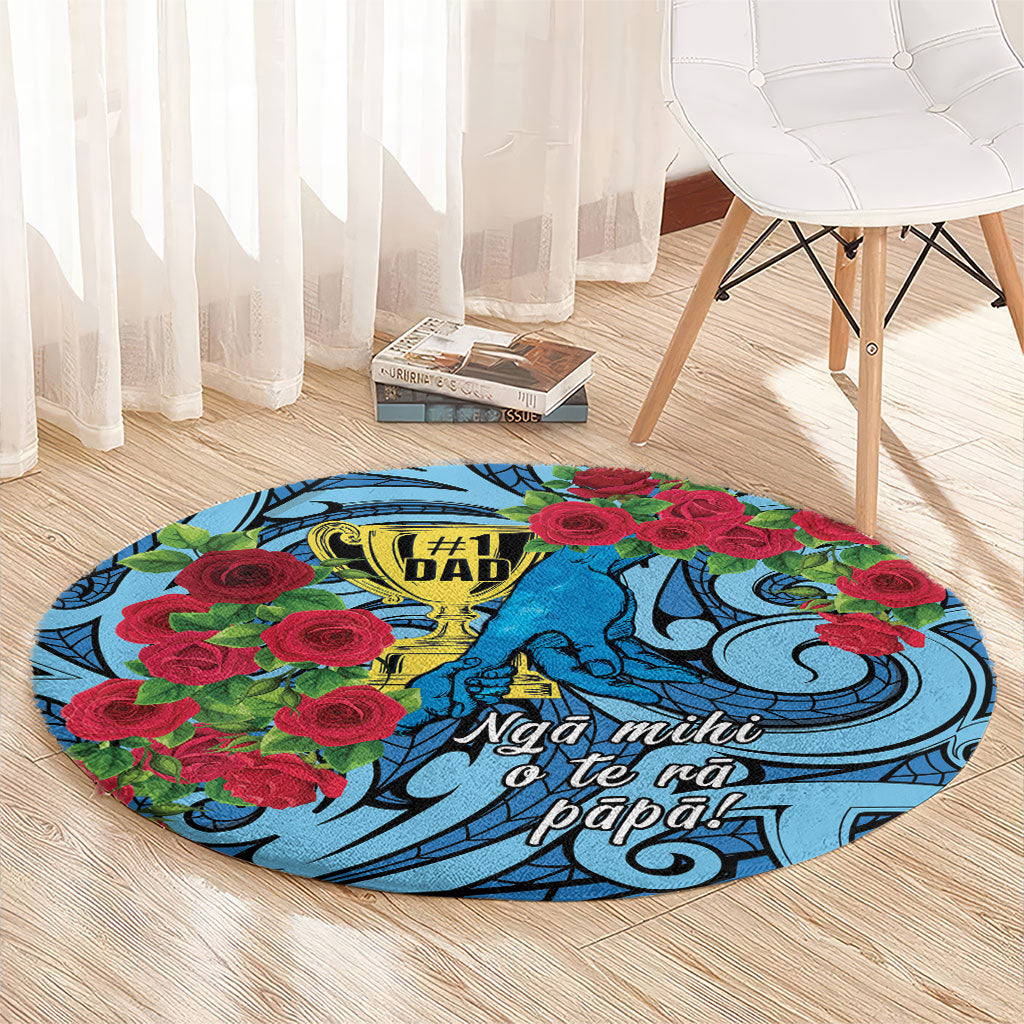 New Zealand Father's Day Round Carpet Best Dad Trophy Red Rose Maori Pattern