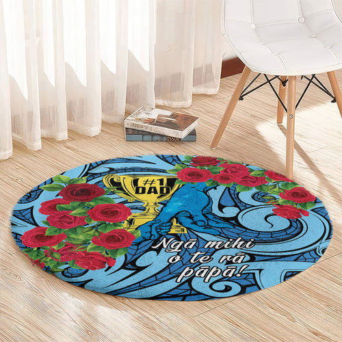 New Zealand Father's Day Round Carpet Best Dad Trophy Red Rose Maori Pattern