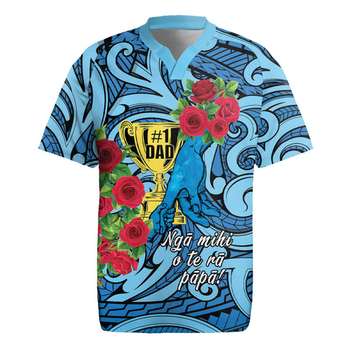 Personalised New Zealand Father's Day Rugby Jersey Best Dad Trophy Red Rose Maori Pattern
