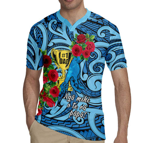 Personalised New Zealand Father's Day Rugby Jersey Best Dad Trophy Red Rose Maori Pattern