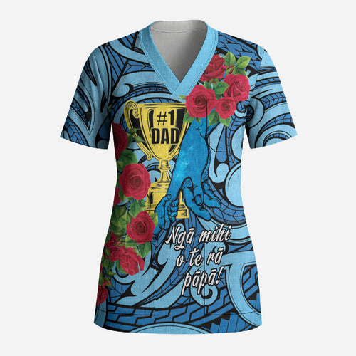 Personalised New Zealand Father's Day Scrub Top Best Dad Trophy Red Rose Maori Pattern