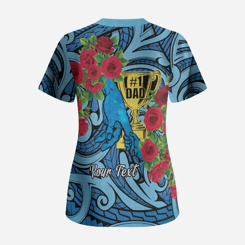 Personalised New Zealand Father's Day Scrub Top Best Dad Trophy Red Rose Maori Pattern