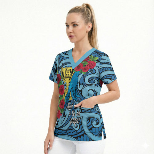 Personalised New Zealand Father's Day Scrub Top Best Dad Trophy Red Rose Maori Pattern