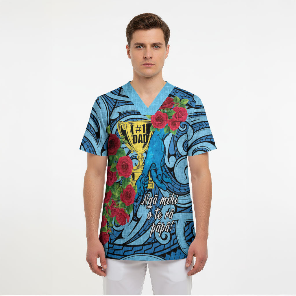 Personalised New Zealand Father's Day Scrub Top Best Dad Trophy Red Rose Maori Pattern