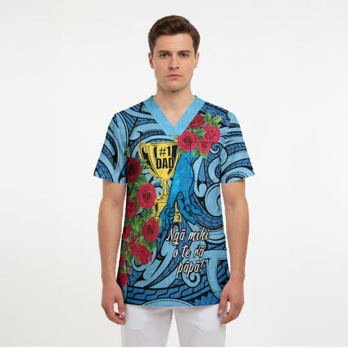 Personalised New Zealand Father's Day Scrub Top Best Dad Trophy Red Rose Maori Pattern
