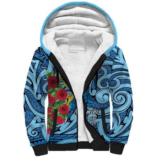 Personalised New Zealand Father's Day Sherpa Hoodie Best Dad Trophy Red Rose Maori Pattern
