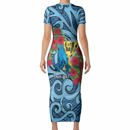 Personalised New Zealand Father's Day Short Sleeve Bodycon Dress Best Dad Trophy Red Rose Maori Pattern