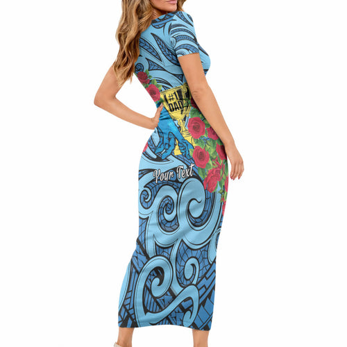 Personalised New Zealand Father's Day Short Sleeve Bodycon Dress Best Dad Trophy Red Rose Maori Pattern