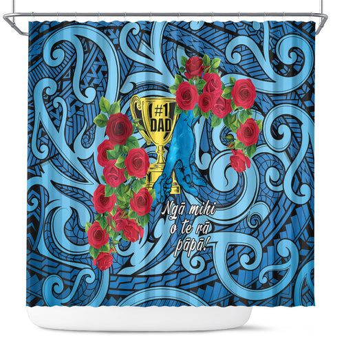 New Zealand Father's Day Shower Curtain Best Dad Trophy Red Rose Maori Pattern