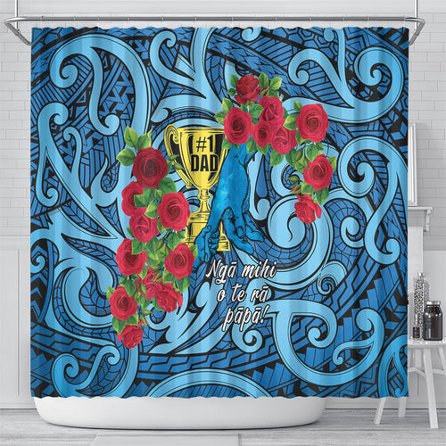 New Zealand Father's Day Shower Curtain Best Dad Trophy Red Rose Maori Pattern