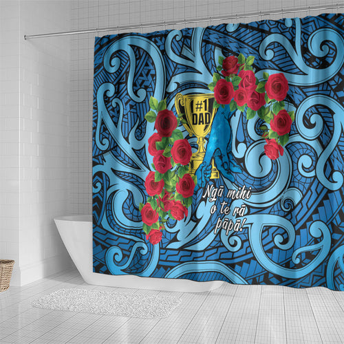 New Zealand Father's Day Shower Curtain Best Dad Trophy Red Rose Maori Pattern