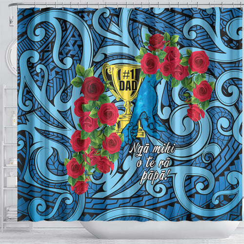 New Zealand Father's Day Shower Curtain Best Dad Trophy Red Rose Maori Pattern