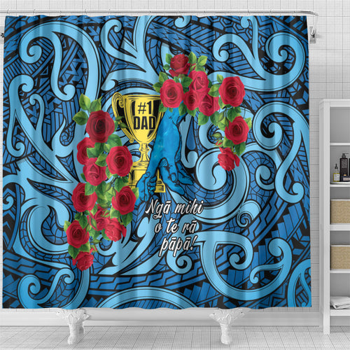 New Zealand Father's Day Shower Curtain Best Dad Trophy Red Rose Maori Pattern