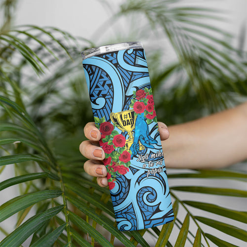 Personalised New Zealand Father's Day Skinny Tumbler Best Dad Trophy Red Rose Maori Pattern