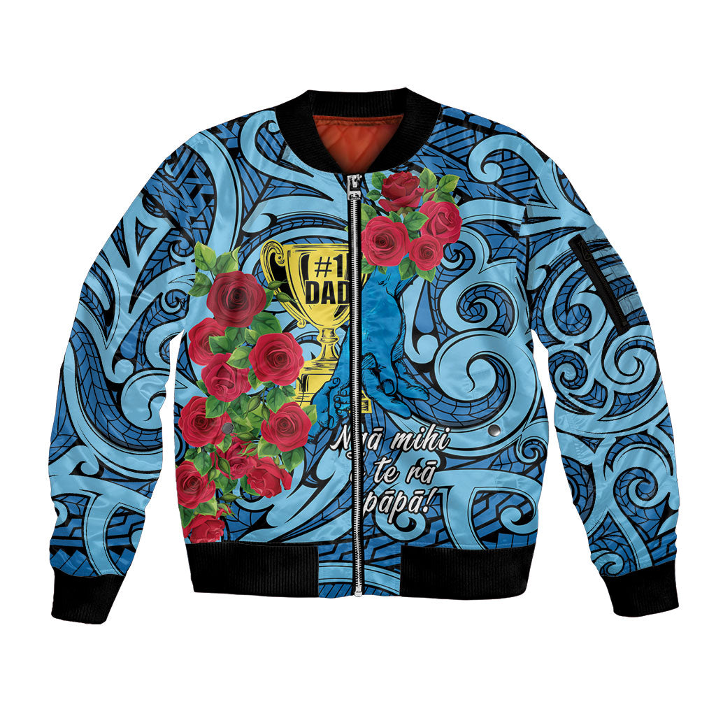 Personalised New Zealand Father's Day Sleeve Zip Bomber Jacket Best Dad Trophy Red Rose Maori Pattern