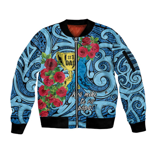 Personalised New Zealand Father's Day Sleeve Zip Bomber Jacket Best Dad Trophy Red Rose Maori Pattern