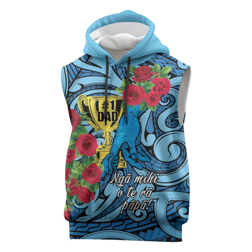 Personalised New Zealand Father's Day Sleeveless Hoodie Best Dad Trophy Red Rose Maori Pattern