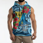 Personalised New Zealand Father's Day Sleeveless Hoodie Best Dad Trophy Red Rose Maori Pattern