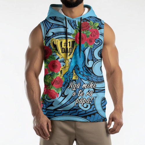 Personalised New Zealand Father's Day Sleeveless Hoodie Best Dad Trophy Red Rose Maori Pattern