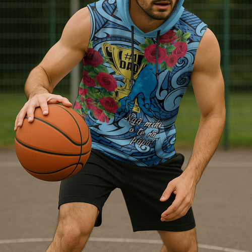 Personalised New Zealand Father's Day Sleeveless Hoodie Best Dad Trophy Red Rose Maori Pattern