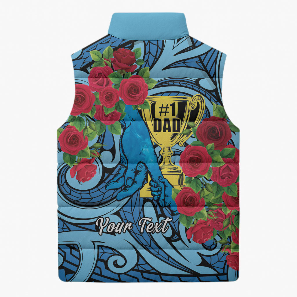 Personalised New Zealand Father's Day Sleeveless Puffer Jacket Best Dad Trophy Red Rose Maori Pattern