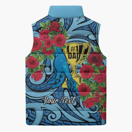 Personalised New Zealand Father's Day Sleeveless Puffer Jacket Best Dad Trophy Red Rose Maori Pattern