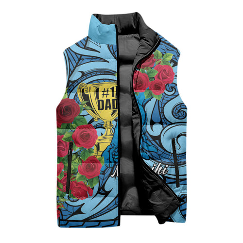 Personalised New Zealand Father's Day Sleeveless Puffer Jacket Best Dad Trophy Red Rose Maori Pattern