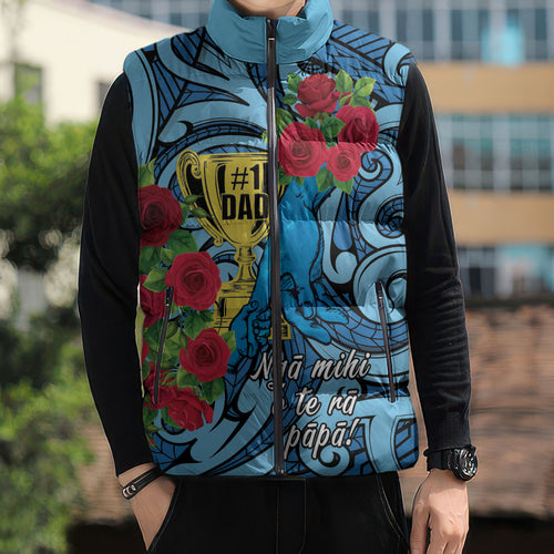 Personalised New Zealand Father's Day Sleeveless Puffer Jacket Best Dad Trophy Red Rose Maori Pattern