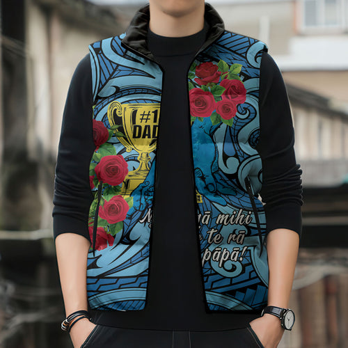 Personalised New Zealand Father's Day Sleeveless Puffer Jacket Best Dad Trophy Red Rose Maori Pattern