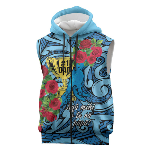 Personalised New Zealand Father's Day Sleeveless Zip Hoodie Best Dad Trophy Red Rose Maori Pattern