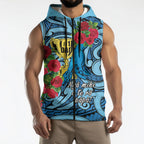 Personalised New Zealand Father's Day Sleeveless Zip Hoodie Best Dad Trophy Red Rose Maori Pattern