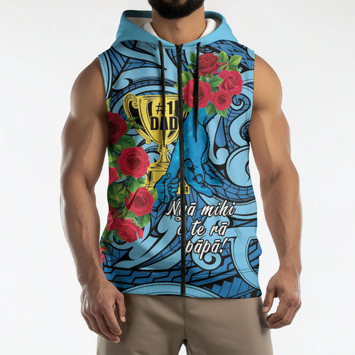 Personalised New Zealand Father's Day Sleeveless Zip Hoodie Best Dad Trophy Red Rose Maori Pattern