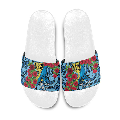 New Zealand Father's Day Slide Sandals Best Dad Trophy Red Rose Maori Pattern