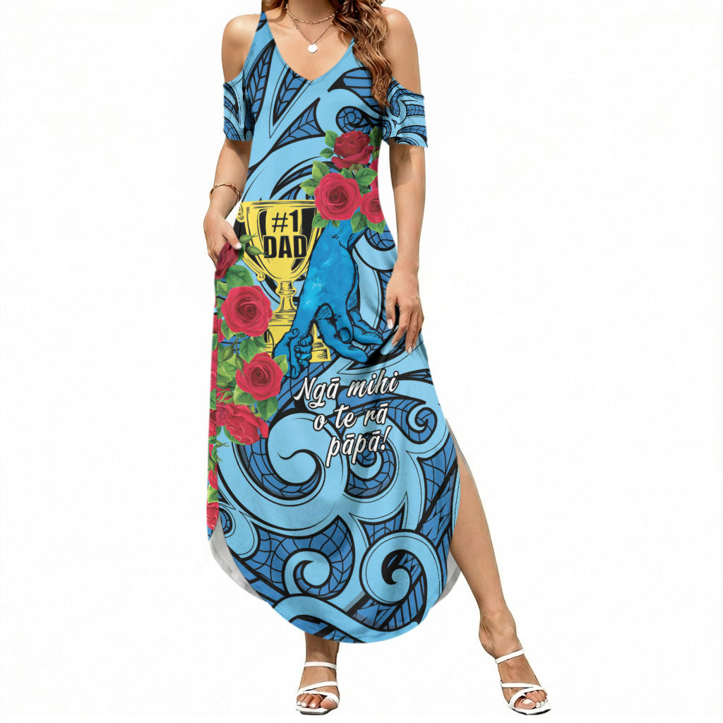 Personalised New Zealand Father's Day Summer Maxi Dress Best Dad Trophy Red Rose Maori Pattern