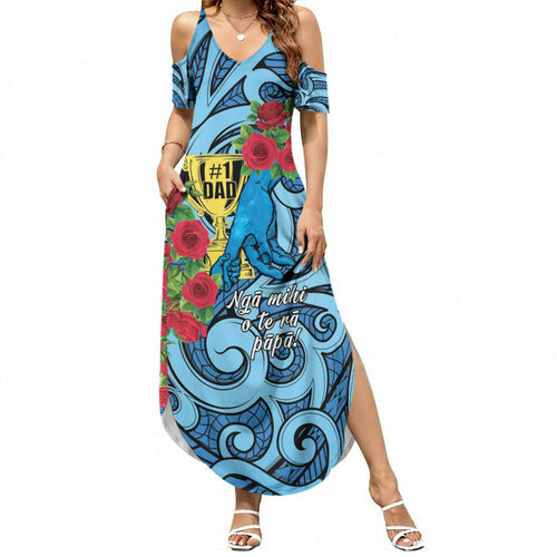 Personalised New Zealand Father's Day Summer Maxi Dress Best Dad Trophy Red Rose Maori Pattern