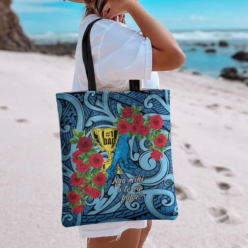 New Zealand Father's Day Tote Bag Best Dad Trophy Red Rose Maori Pattern