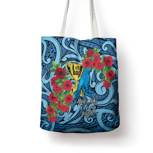 New Zealand Father's Day Tote Bag Best Dad Trophy Red Rose Maori Pattern