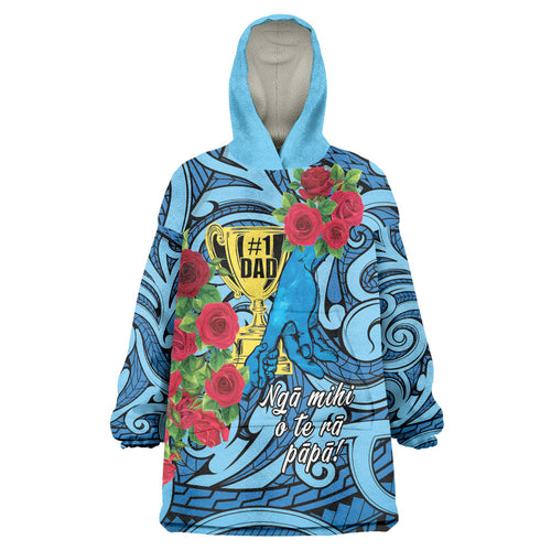 Personalised New Zealand Father's Day Wearable Blanket Hoodie Best Dad Trophy Red Rose Maori Pattern